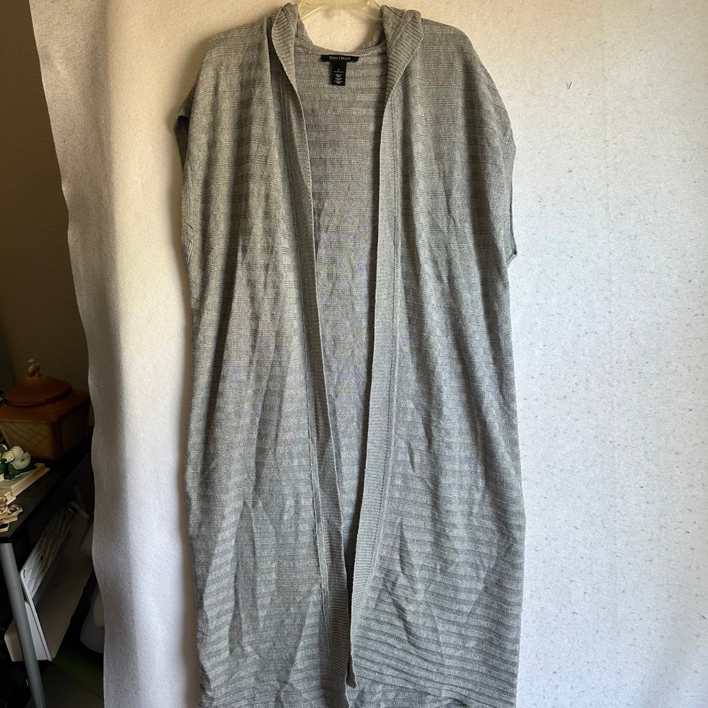 White House Black‎ Market Gray Ribbed Longline Hooded Sleeveless Cardigan Small